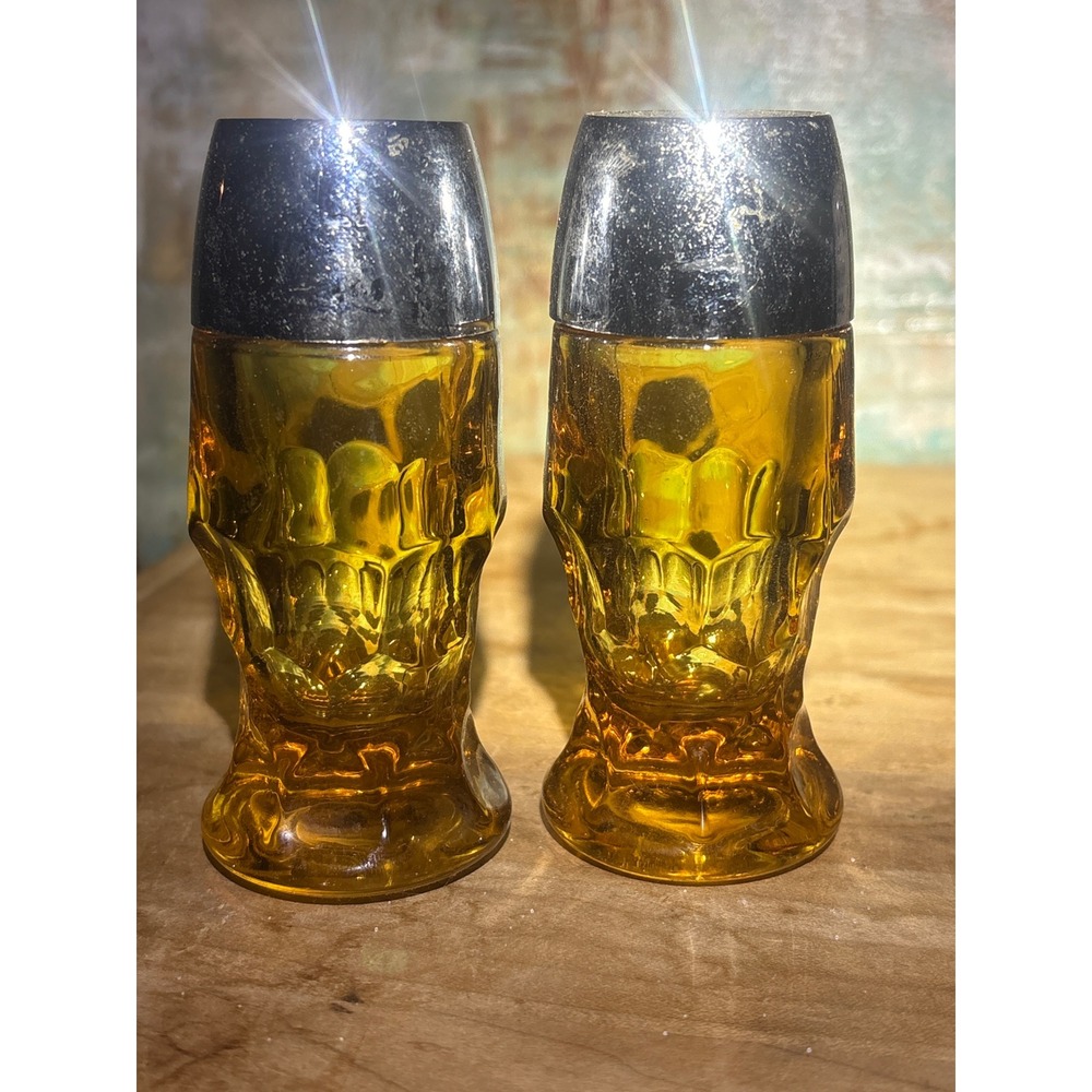 Vintage Amber Glass Salt and Pepper Shakers Chrome Lids Mid Century Modern Retro